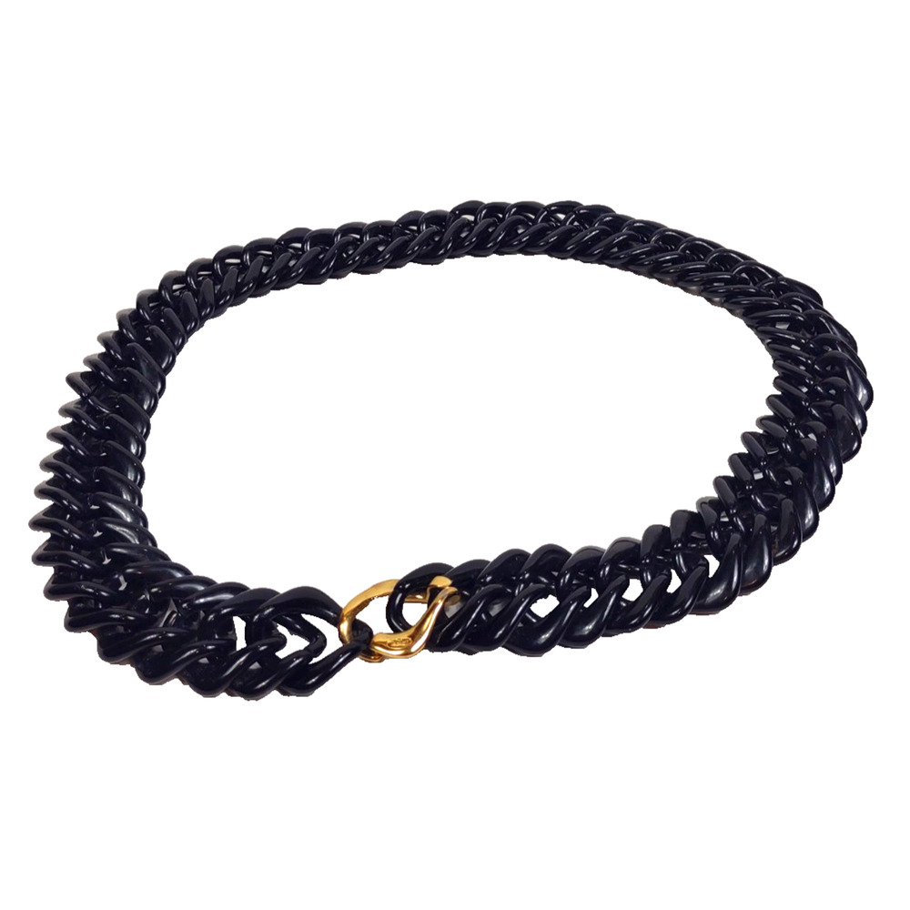 Vintage Trifari Black Chunky Lucite Chain Necklace Gold Clasp Modernist Statemnt